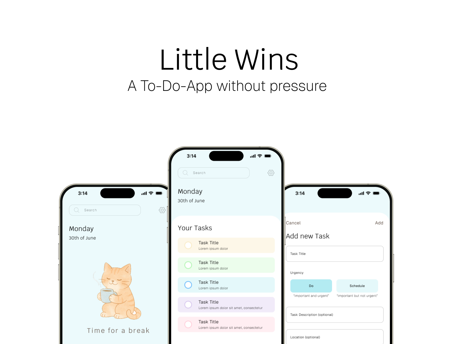 A preview of Little Things showing the three main screens